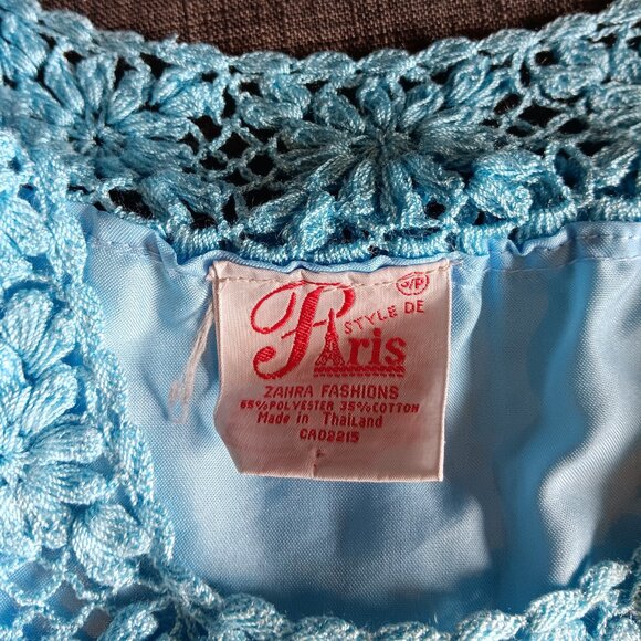 Rare Vintage Blue Crochet Mini Dress Boho Floral Fishnet Sleeves XS/S - Picture 5 of 15